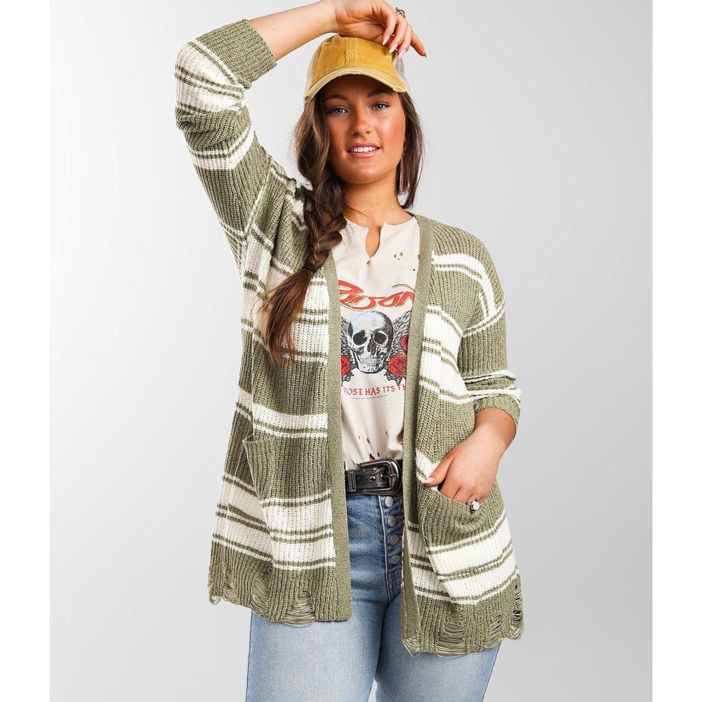 BKE Olive Striped Cardigan Distressed Hem Open Front‎ Boho Sweater Pockets S